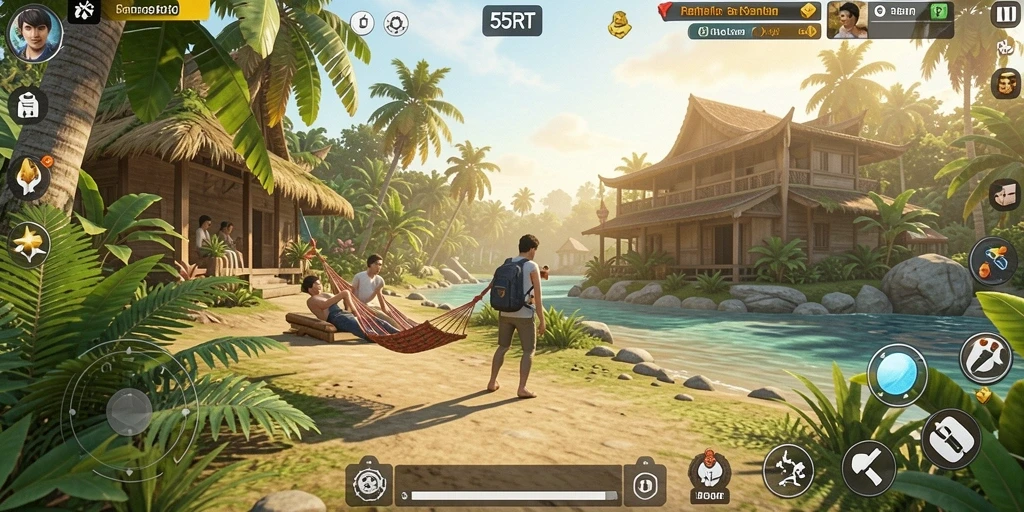 Tampilan gameplay 55RT dengan karakter ceria dan level yang beragam.