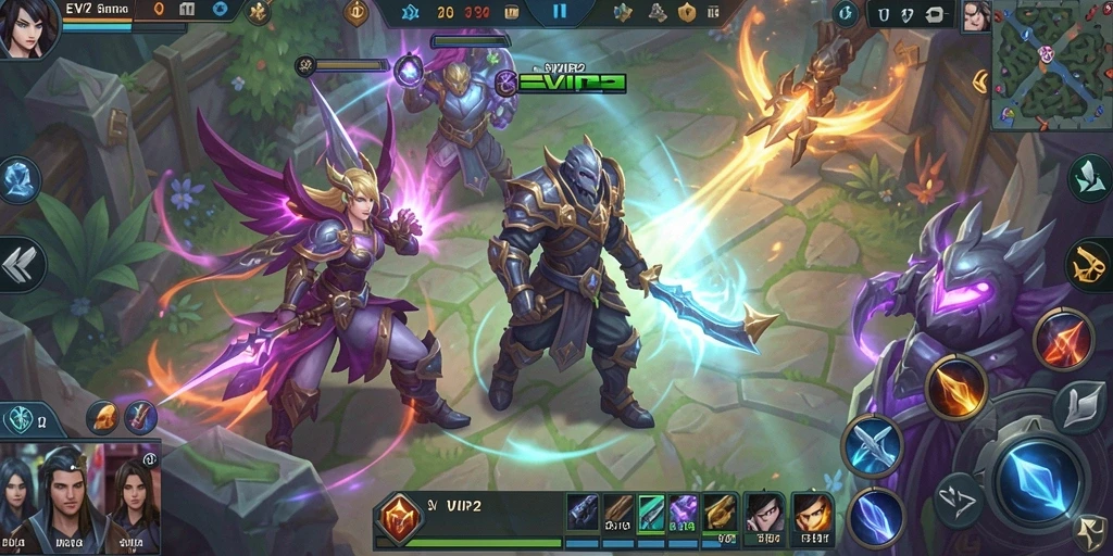 Screenshot gameplay EVIP2 menampilkan aksi seru dalam pertarungan MOBA.