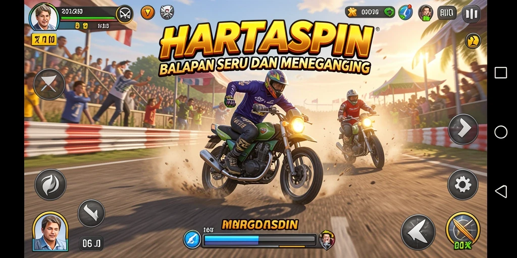 Screenshot HARTASPIN menampilkan aksi balapan seru di lintasan yang menantang.
