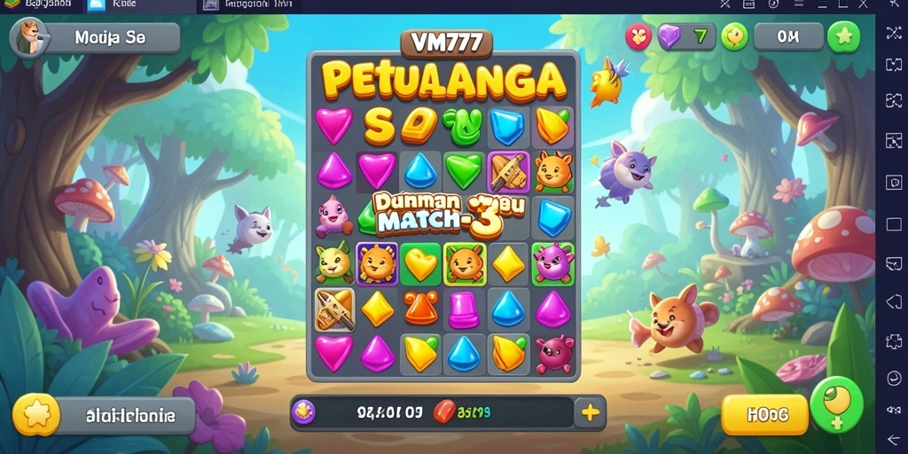 Screenshot gameplay VM777 menunjukkan aksi mencocokkan permata yang seru.