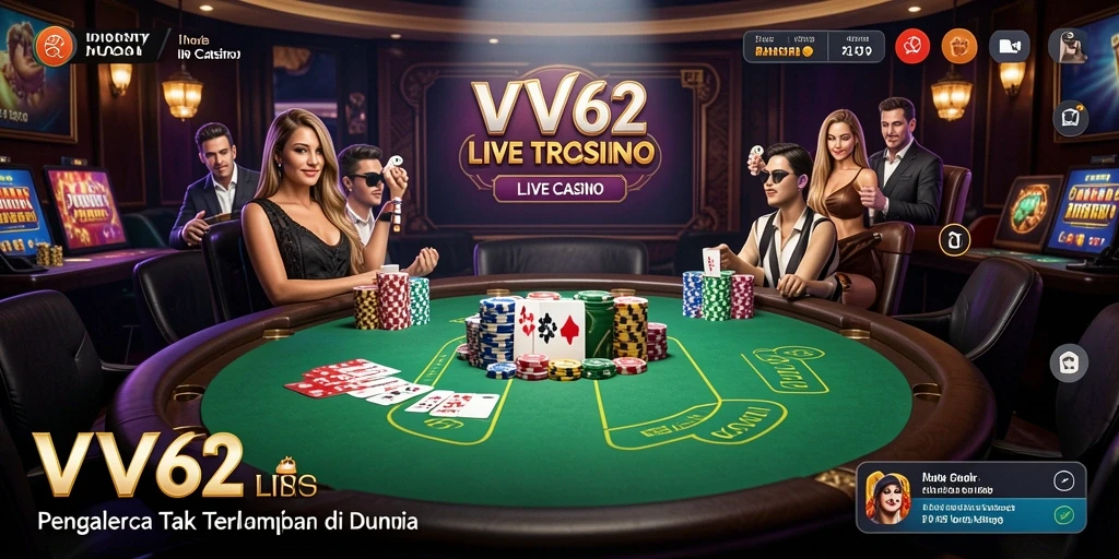 Tangkapan layar utama VV62 menampilkan aksi gameplay Live Casino yang menegangkan.